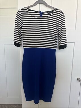 Black & White Striped Top with Royal Blue Midi Skirt Dress